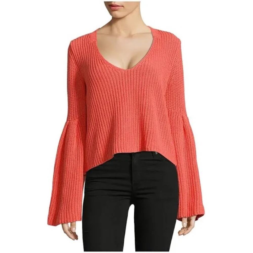 Free People V Neck Bell Sleeve Oversized Cropped Sweater S Coral Boho Hippie